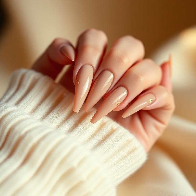 Lange nude Gel-Nägel mit feinem Akzent
