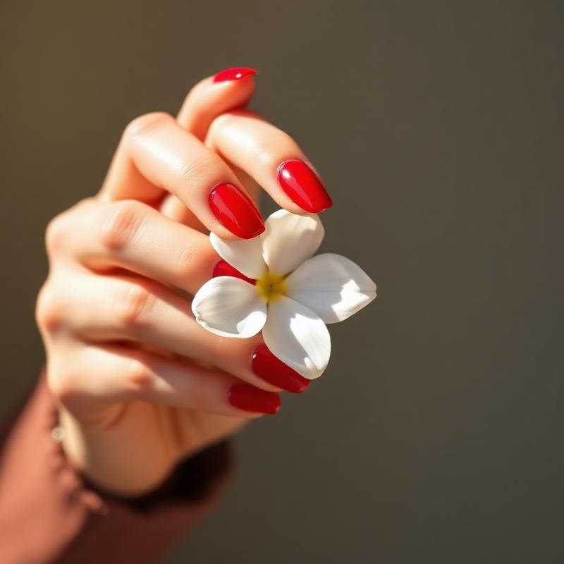 Klassische rote Gel-Nägel mit weißer Blüte